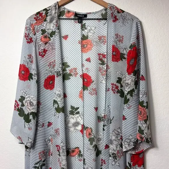 TORRID WOMEN PLUS SIZE FLORAL BLUE PRINT KIMONO CARDIGAN TOP SIZE 1/2 - Picture 5 of 5